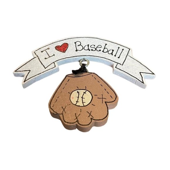 I Love Baseball Hand Painted Pin Glove and Ball Pendant Wooden - Picture 2 of 7